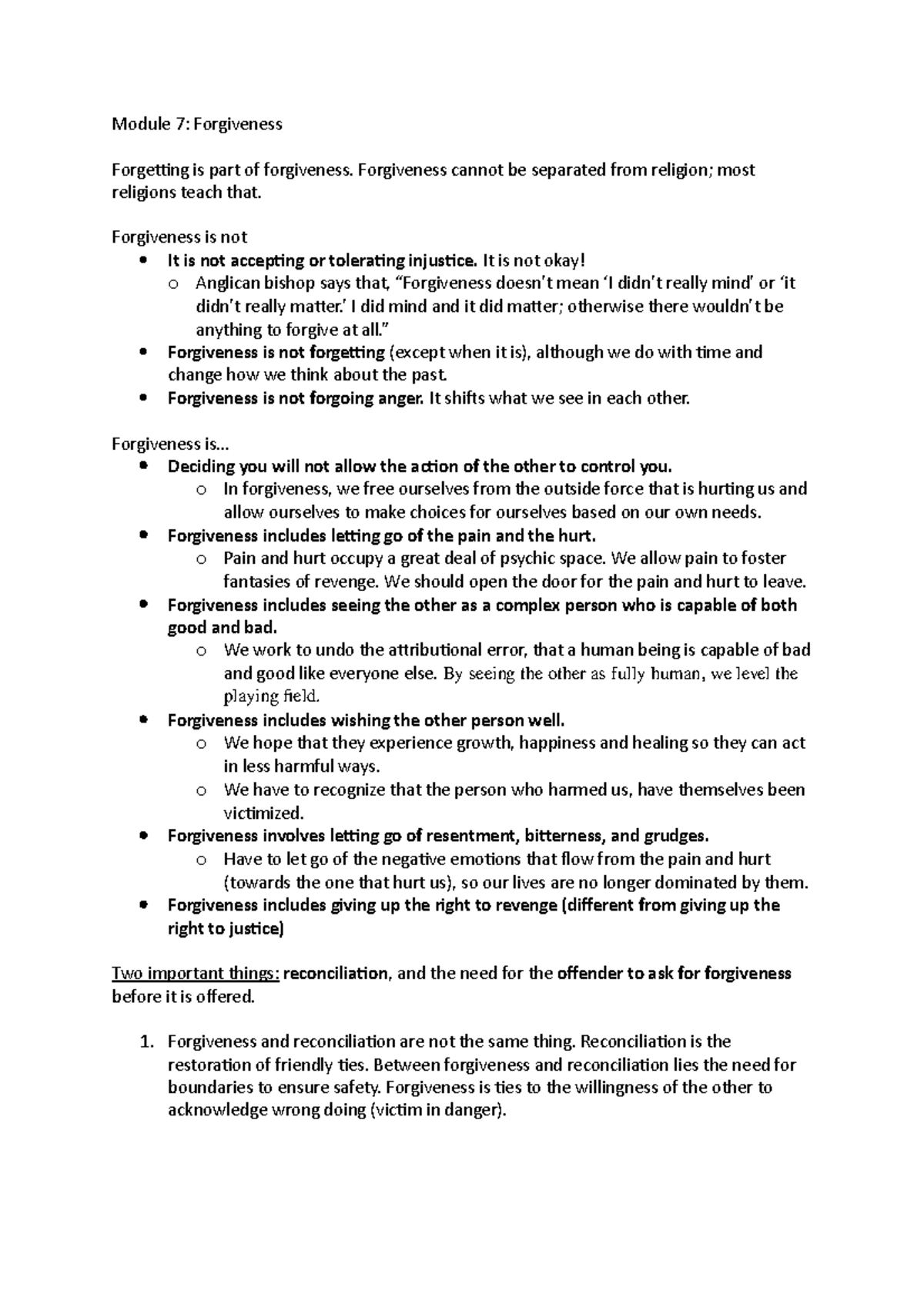 Module 7 notes - Module 7: Forgiveness Forgetting is part of ...