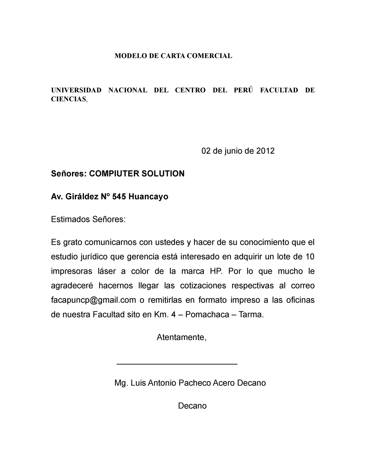 Modelo DE Carta Comercial - MODELO DE CARTA COMERCIAL UNIVERSIDAD NACIONAL  DEL CENTRO DEL FACULTAD - Studocu