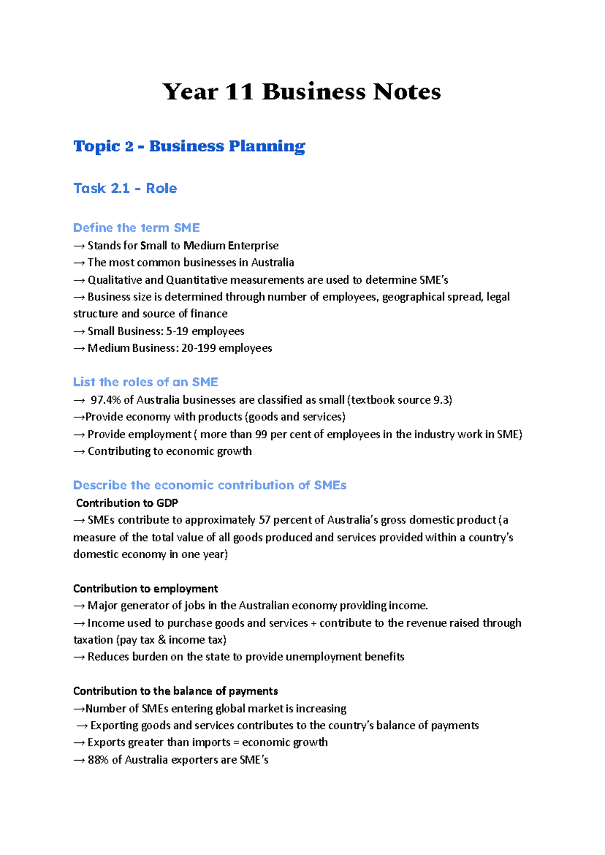 Year 11 Business Planning Notes - Year 11 Business Notes Topic 2 ...