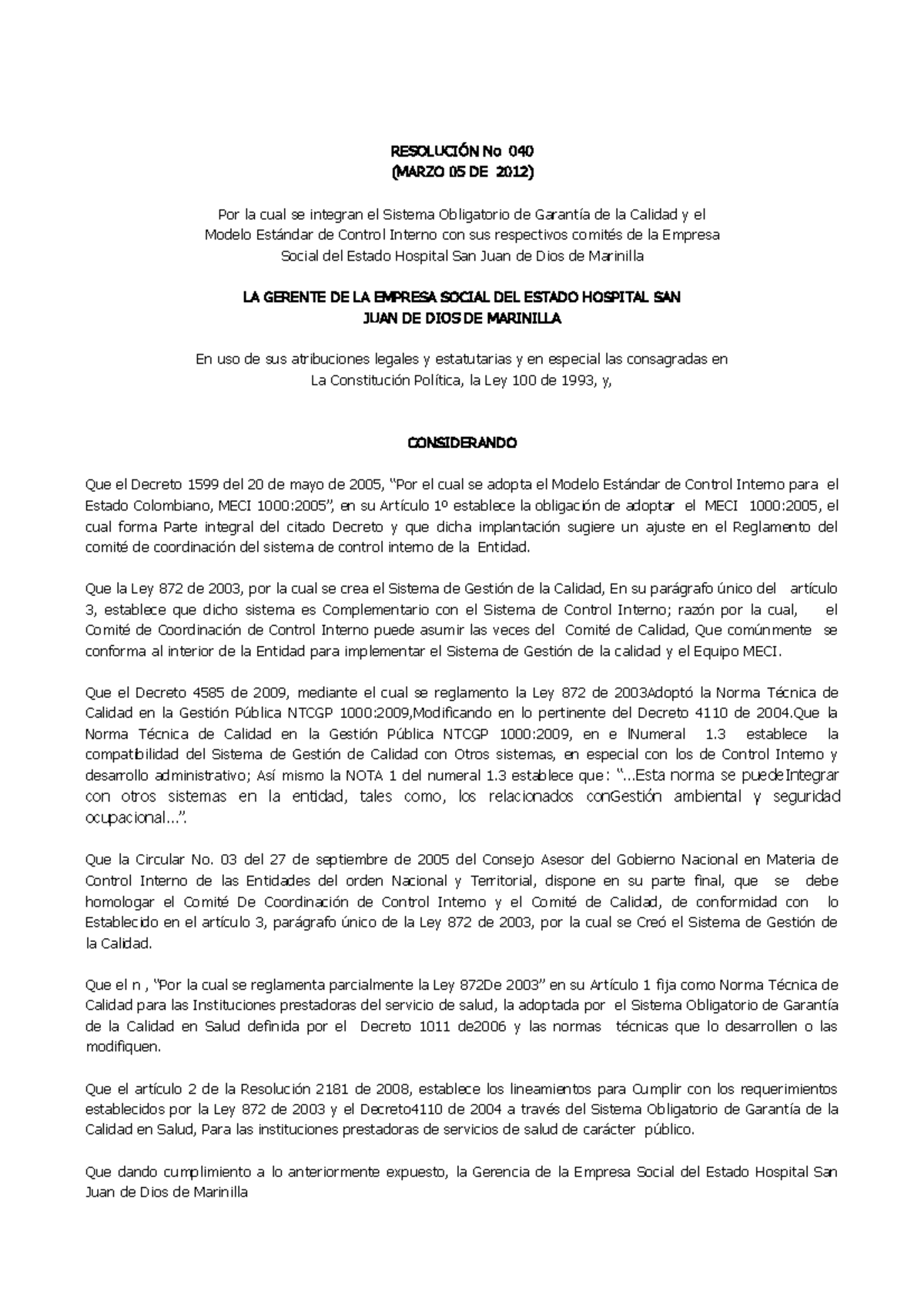 Resolucion 040 Comite Calidady Control Interno-convertido - Dialogo, Fe ...
