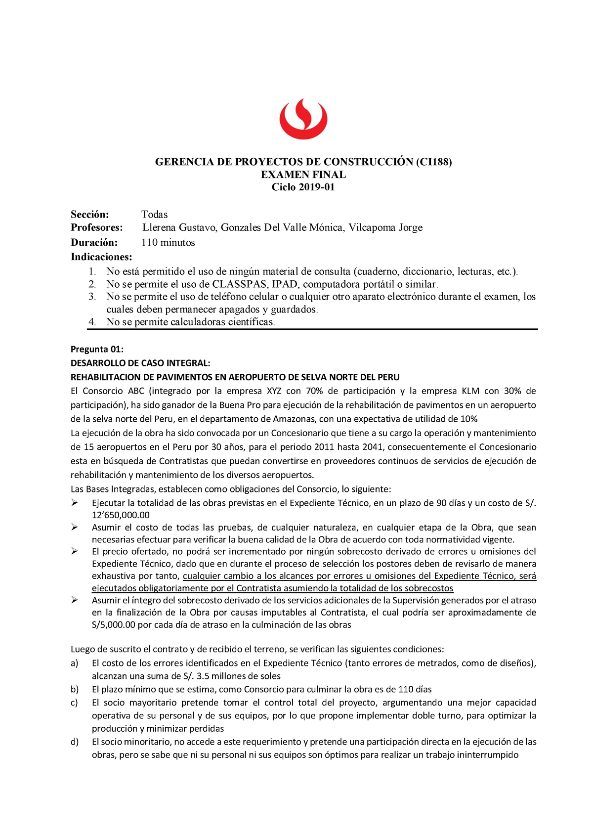 Examen Final 2019 01 (solucionario) - GERENCIA DE PROYECTOS DE ...