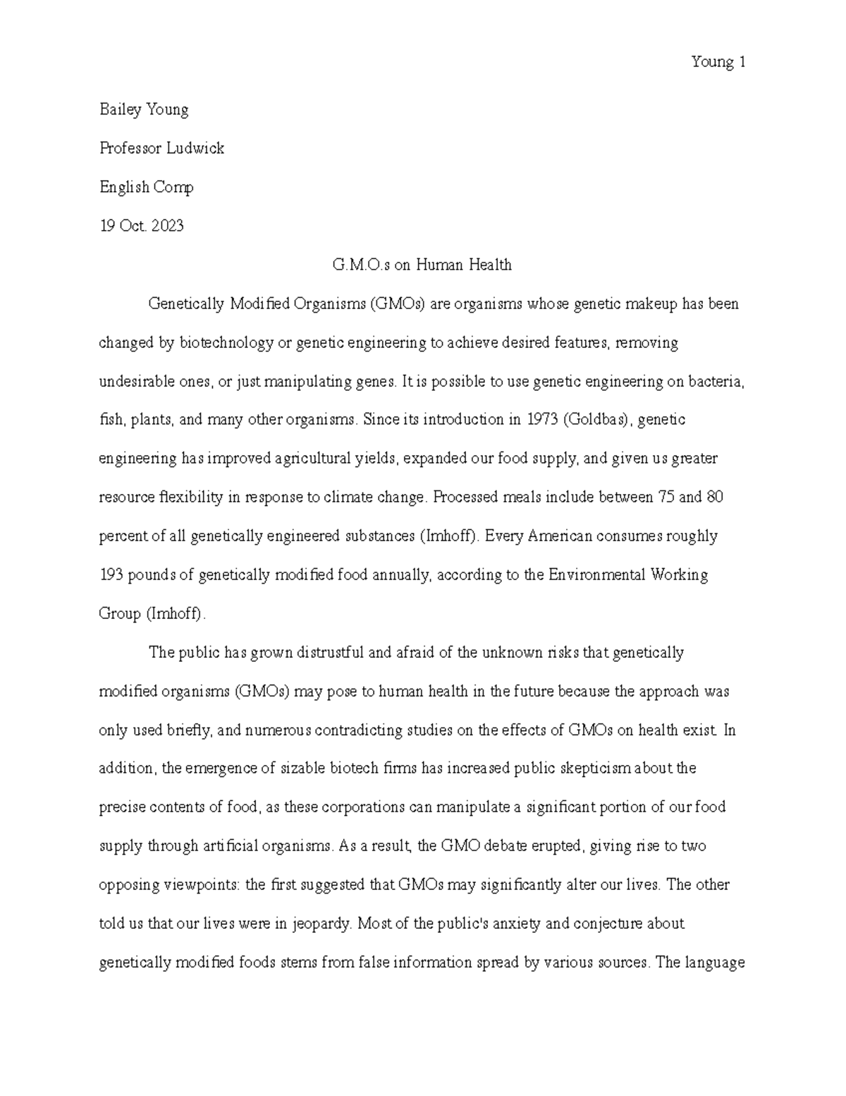 Controversial Essay - Bailey Young Professor Ludwick English Comp 19 ...