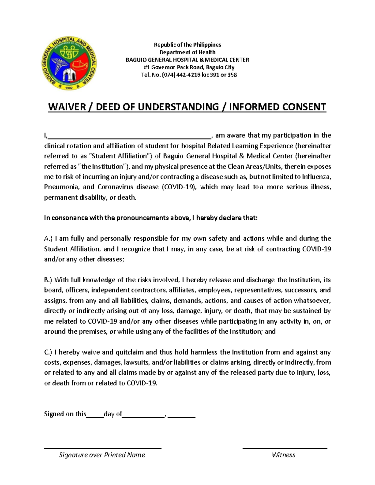 Bghmc- Waiver - Hello Good Day - Republic of the Philippines Department ...