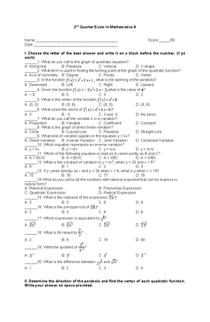 1st Quarter Examination - First Quarter Exam in MATHEMATICS 8 - Studocu