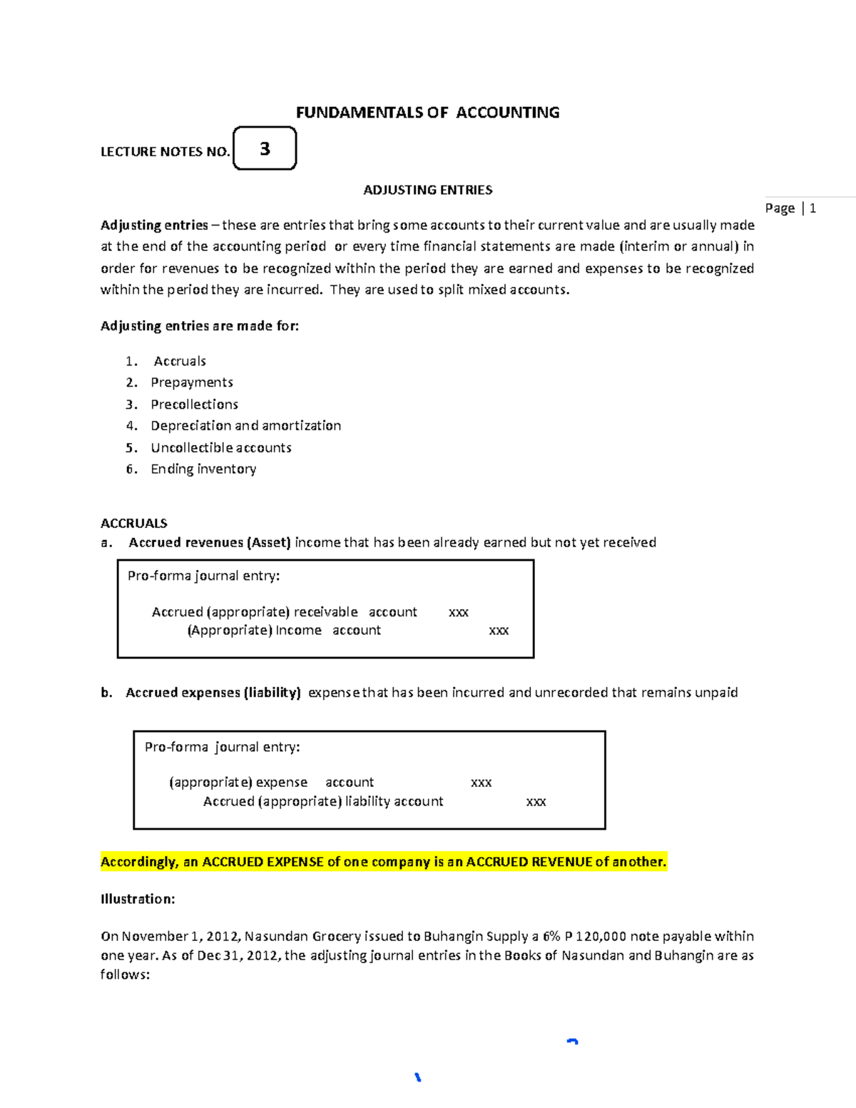 Lecture On Adjusting Entries Page 1 Fundamentals Of Accounting