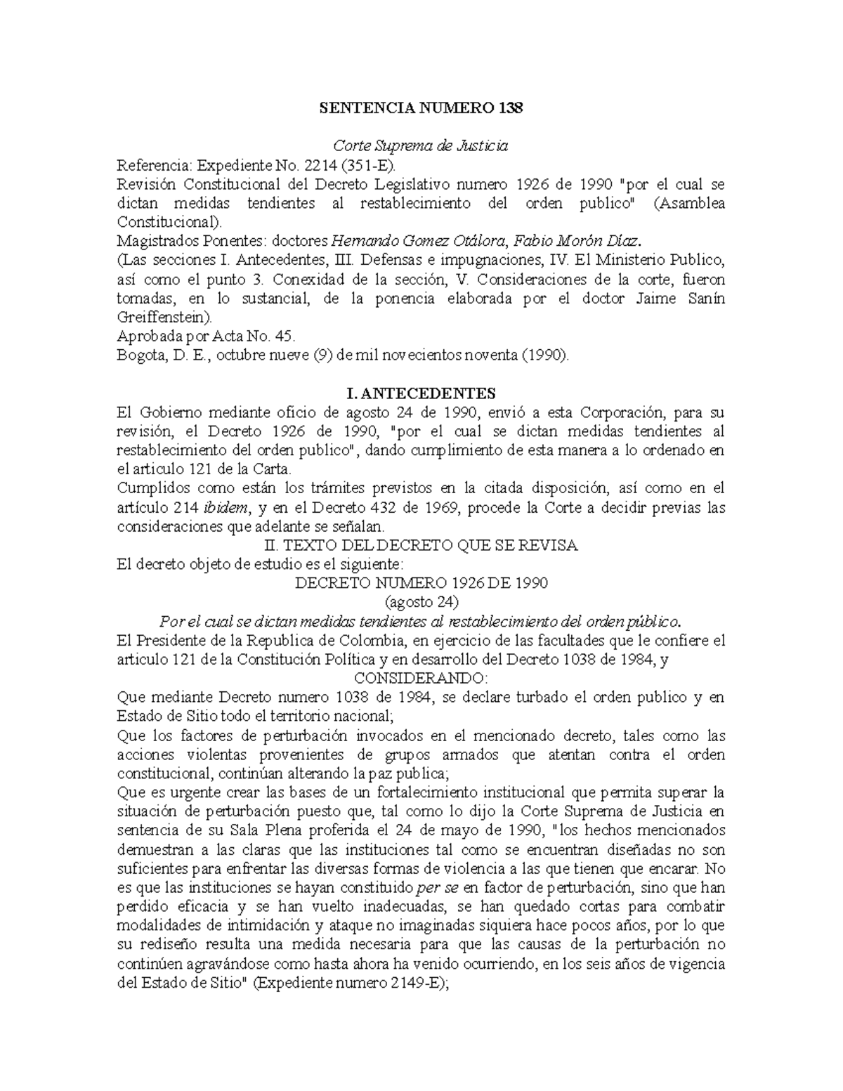 Sentencia Numero 138 - SENTENCIA NUMERO 138 Corte Suprema de Justicia