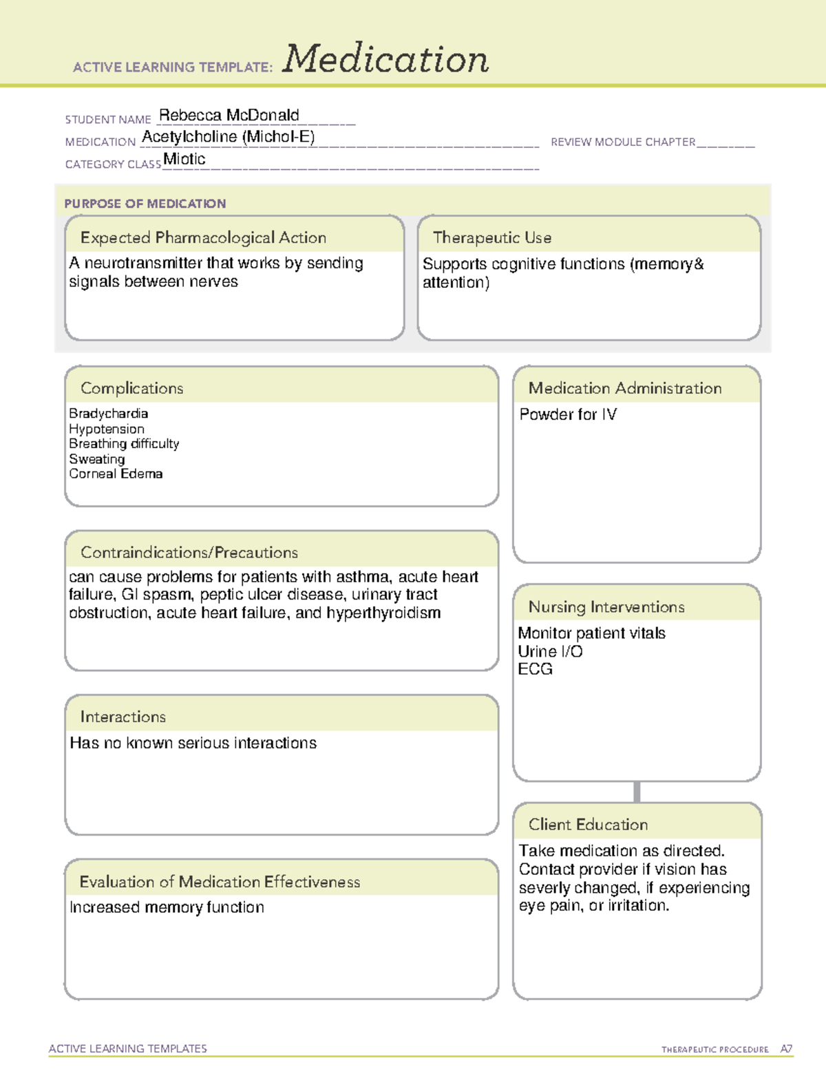 Acetylcholine (Michol-E) Med Card - ACTIVE LEARNING TEMPLATES ...