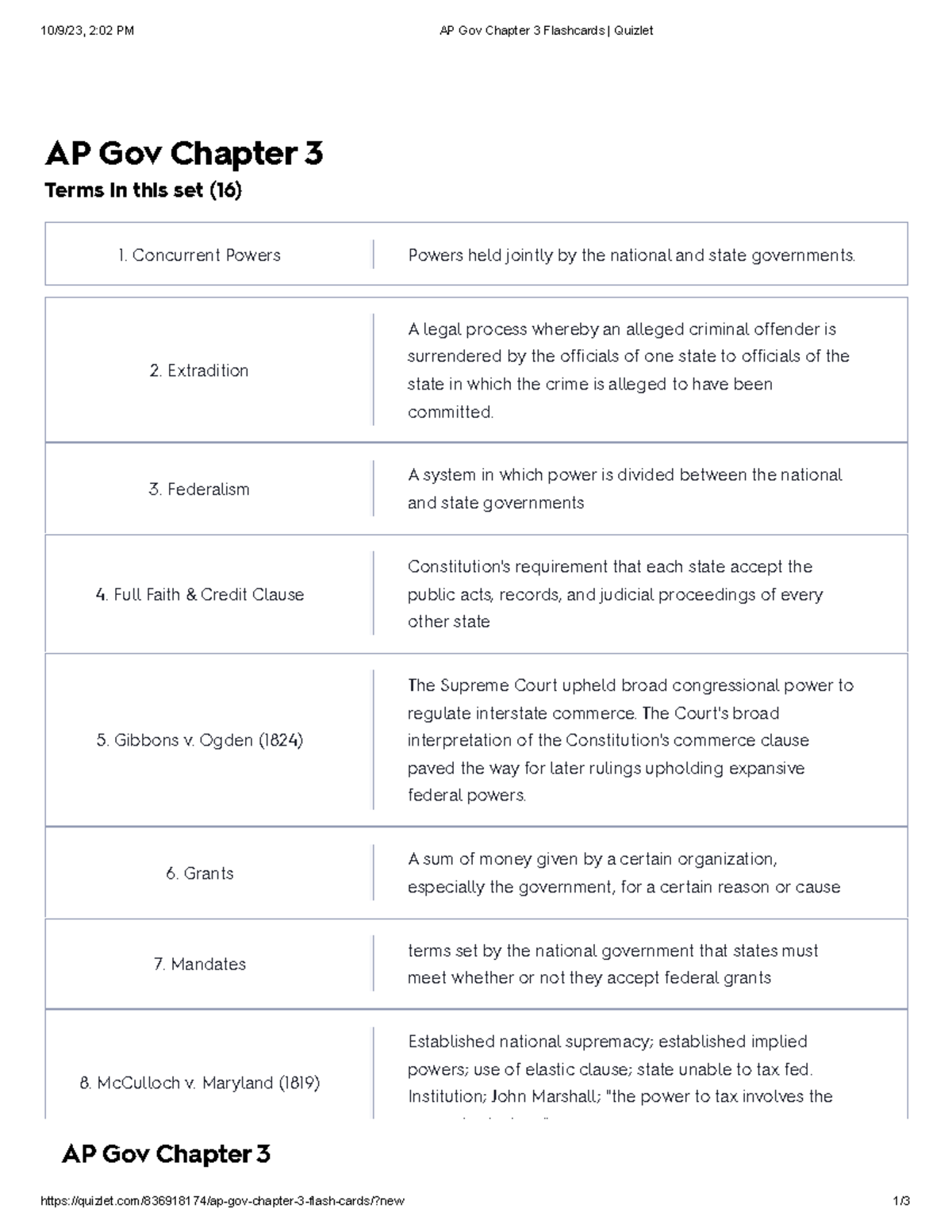 AP Gov Chapter 3 Flashcards - Concurrent Powers Powers Held Jointly By ...