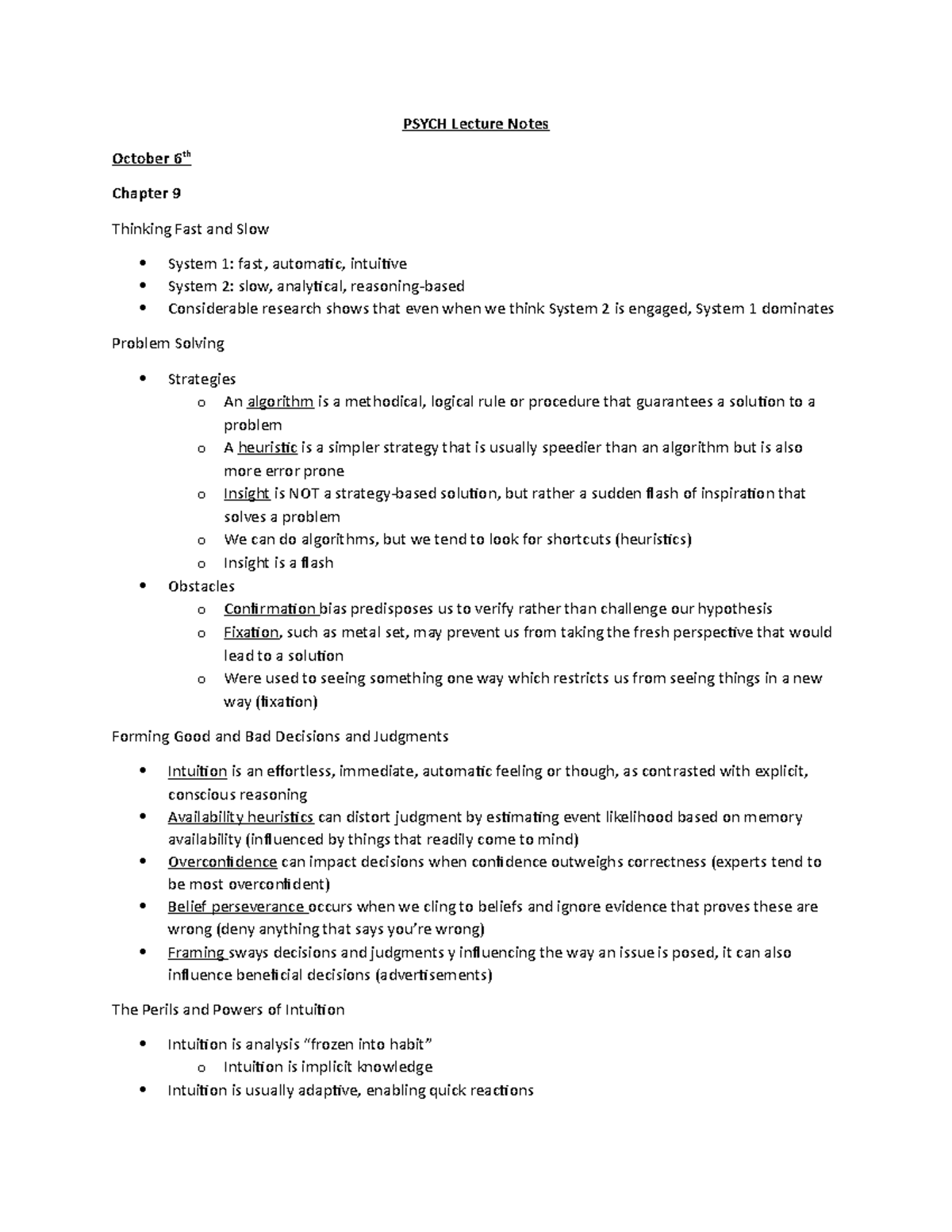 Psych Lecture Ch.9 - PSYCH Lecture Notes October 6th Chapter 9 Thinking ...