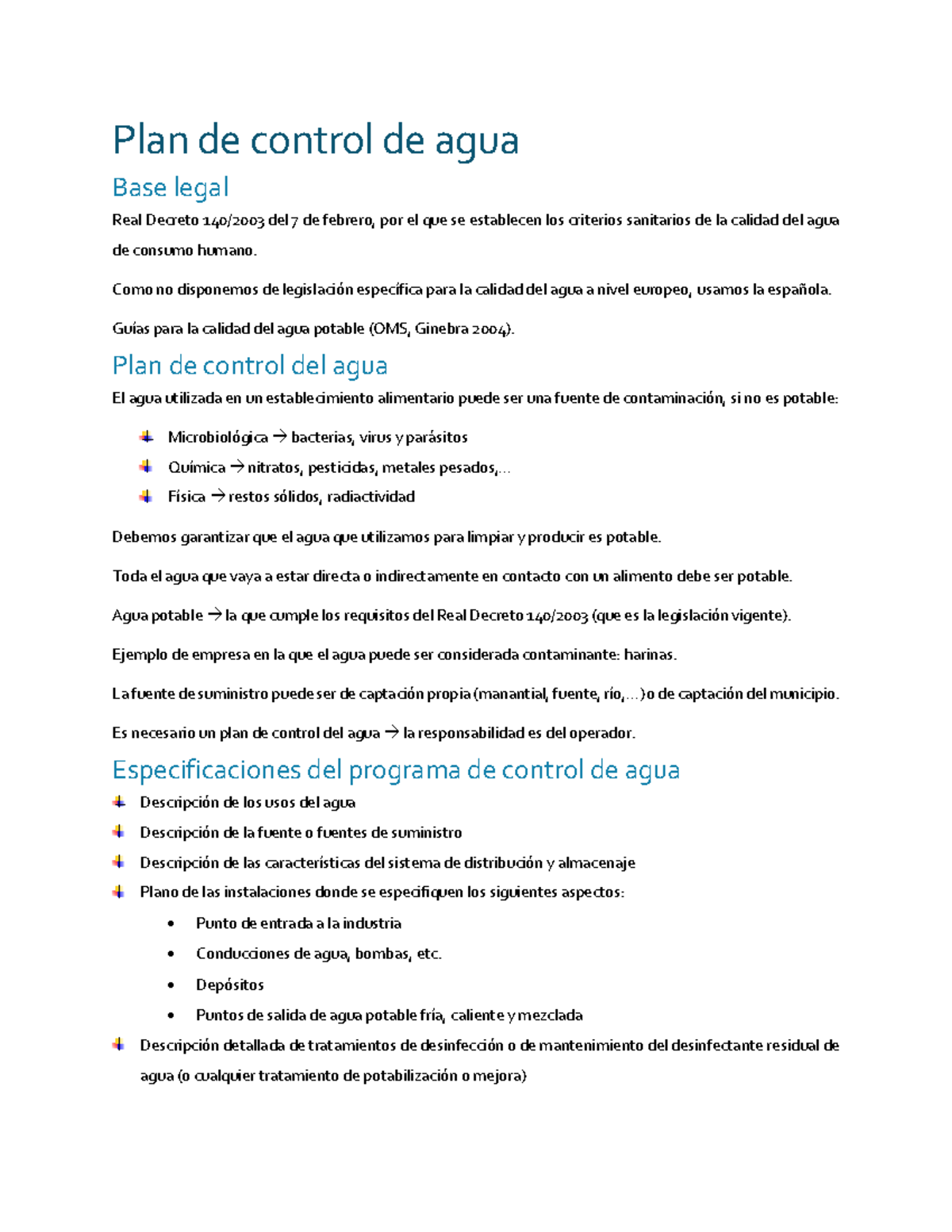 Plan de control de agua Como no disponemos de para la calidad del