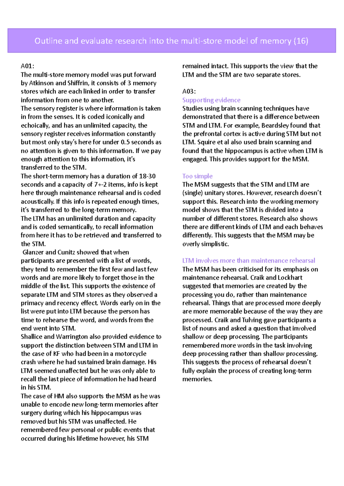 Memory essay plans - A01: The multi-store memory model was put forward ...