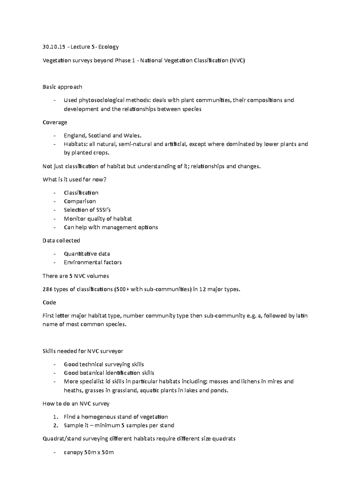 30.10.19 - Lecture 5 Vegetation surveys - 30.10 - Lecture 5- Ecology ...