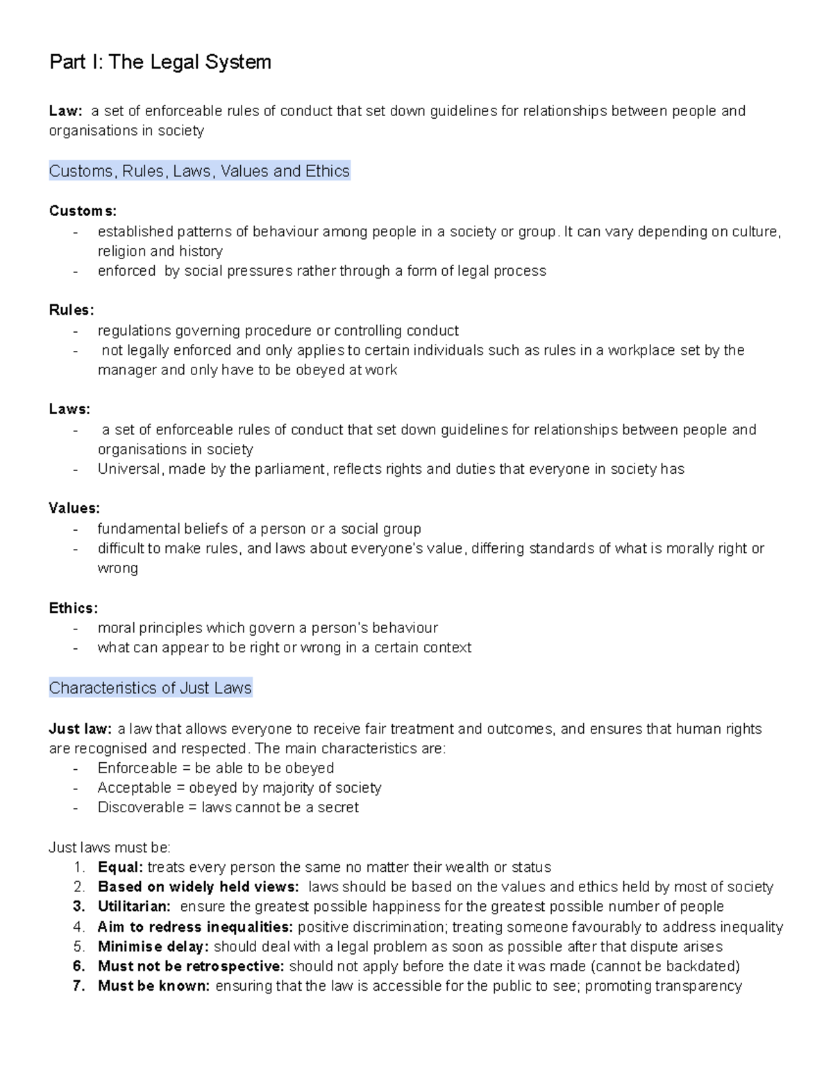 Legal Studies Notes - n/a - Part I: The Legal System Law: a set of ...
