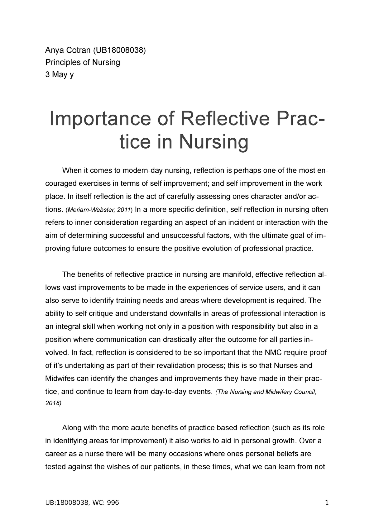 student nurse reflection essay