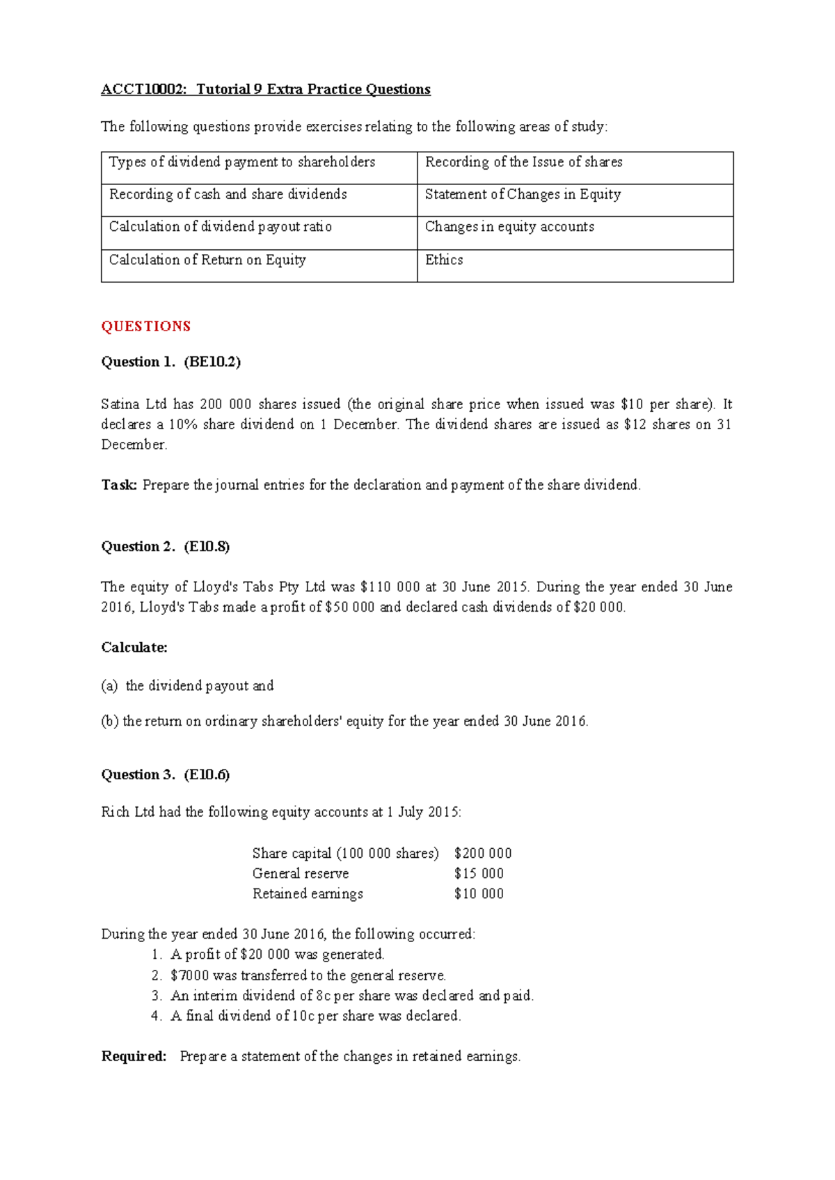 ACCT10002 Tutorial 9 Extra Practice Questions and Solutions - ACCT10002 ...