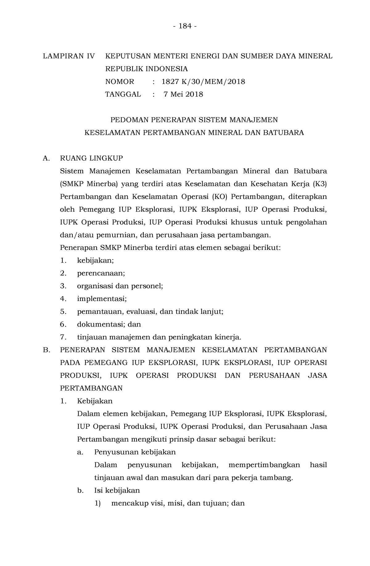 Keputusan Menteri ESDM Nomor 1827 K 30 MEM 2018-184 - 184 - LAMPIRAN IV ...