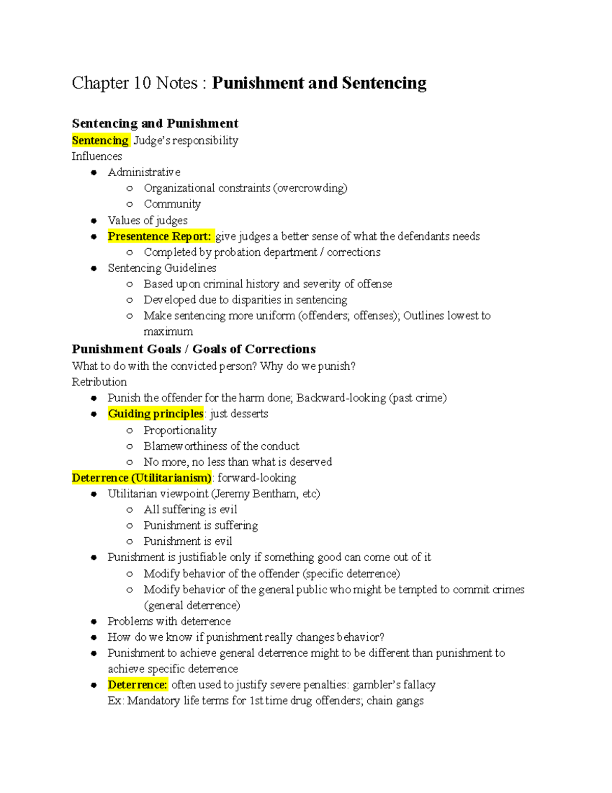 Chapter 10 Criminal Justice Note - Chapter 10 Notes : Punishment And ...