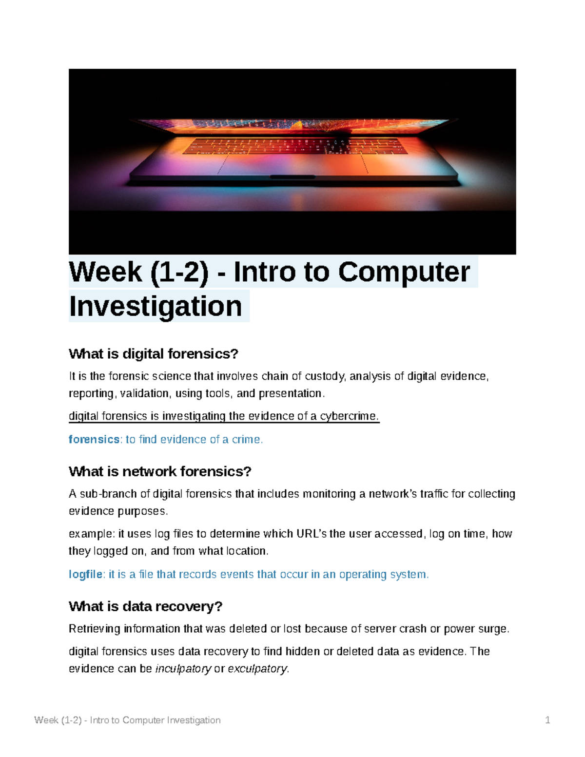 Week (1-2) - Intro to Computer Investigation - Week (1-2) - Intro to ...