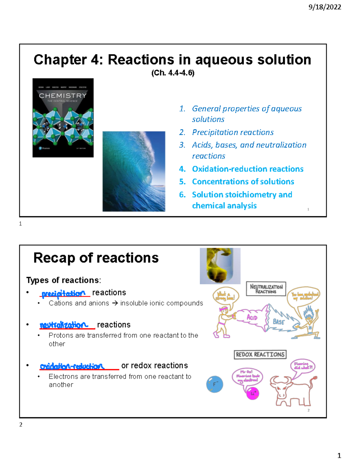 Lecture 10 - Exam 1 - Chapter 4: Reactions in aqueous solution (Ch. 4.4 ...