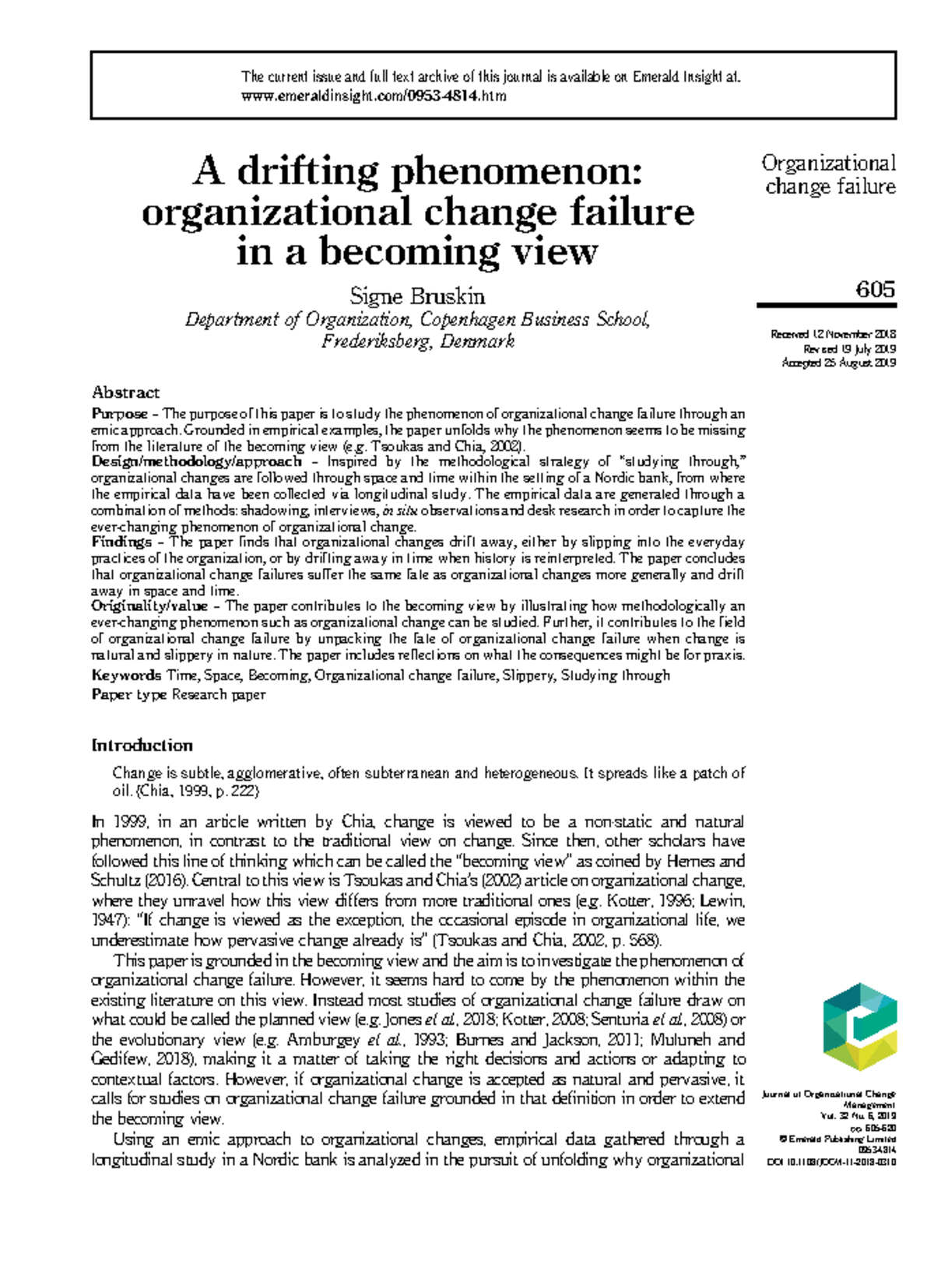 Bruskin et al. (2018) - A drifting phenomenon: organizational change ...