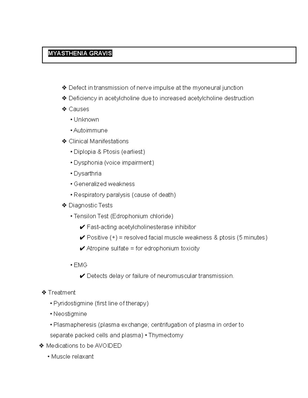 Myasthenia Gravis - notes - MYASTHENIA GRAVIS Defect in transmission of ...