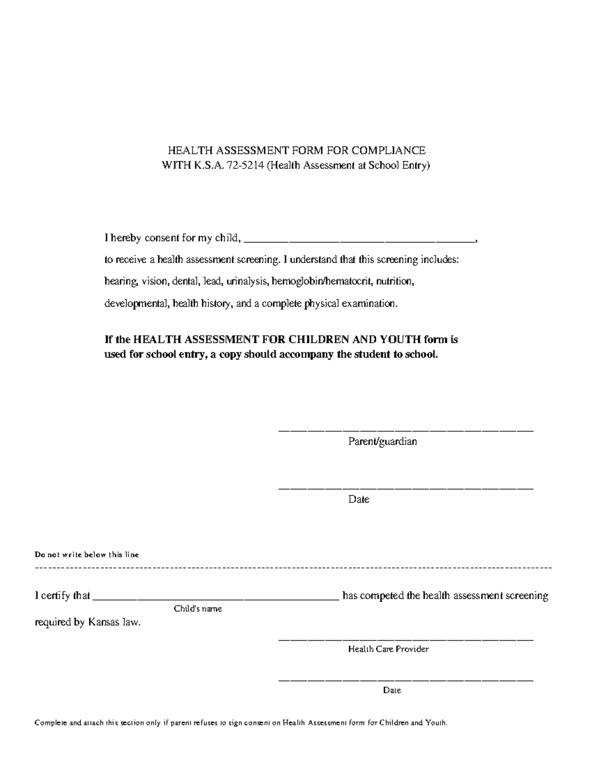 Health Assessment Form - HEALTH ASSESSMENT FORM FOR COMPLIANCE WITH K.S ...