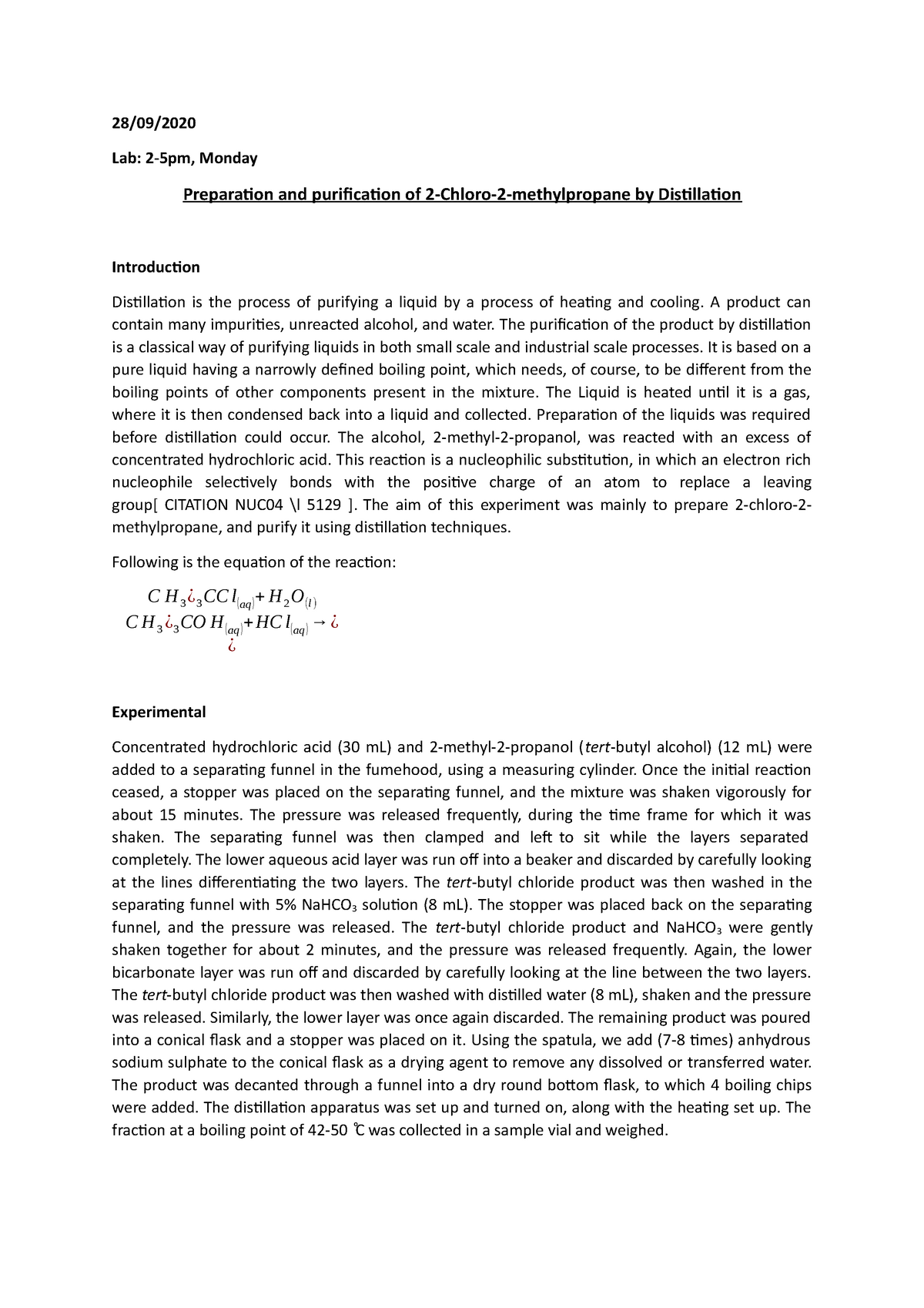 Lab report 9 - Exp 9 Preparation and purification of 2-Chloro-2 ...