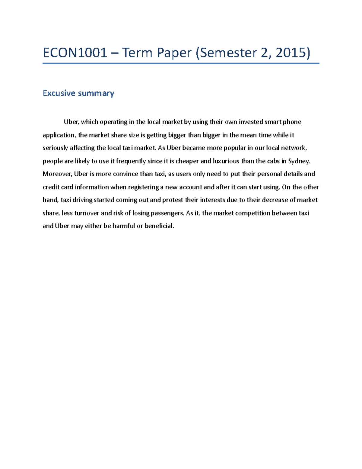 Essay "Term Paper" grade 8/10 ECON1001 Term Paper (Semester 2, 2015