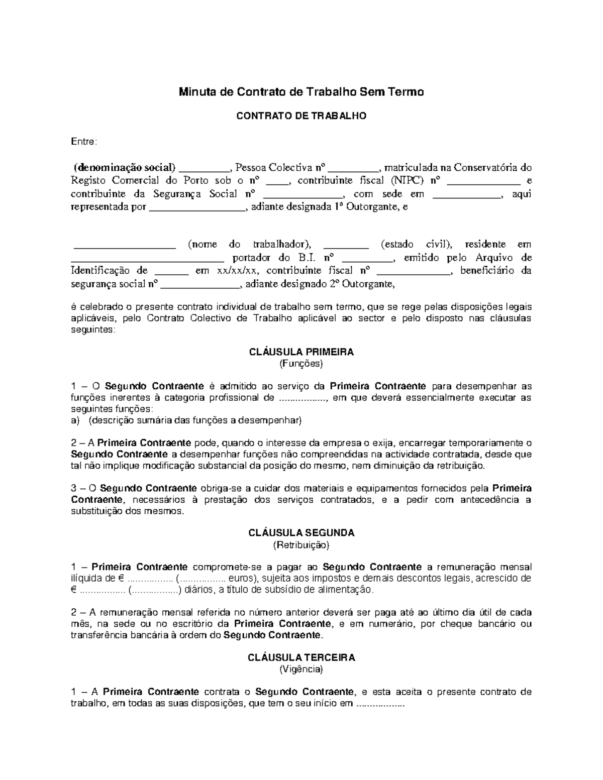 Minuta De Contrato De Trabalho Sem Termo - Minuta De Contrato De ...