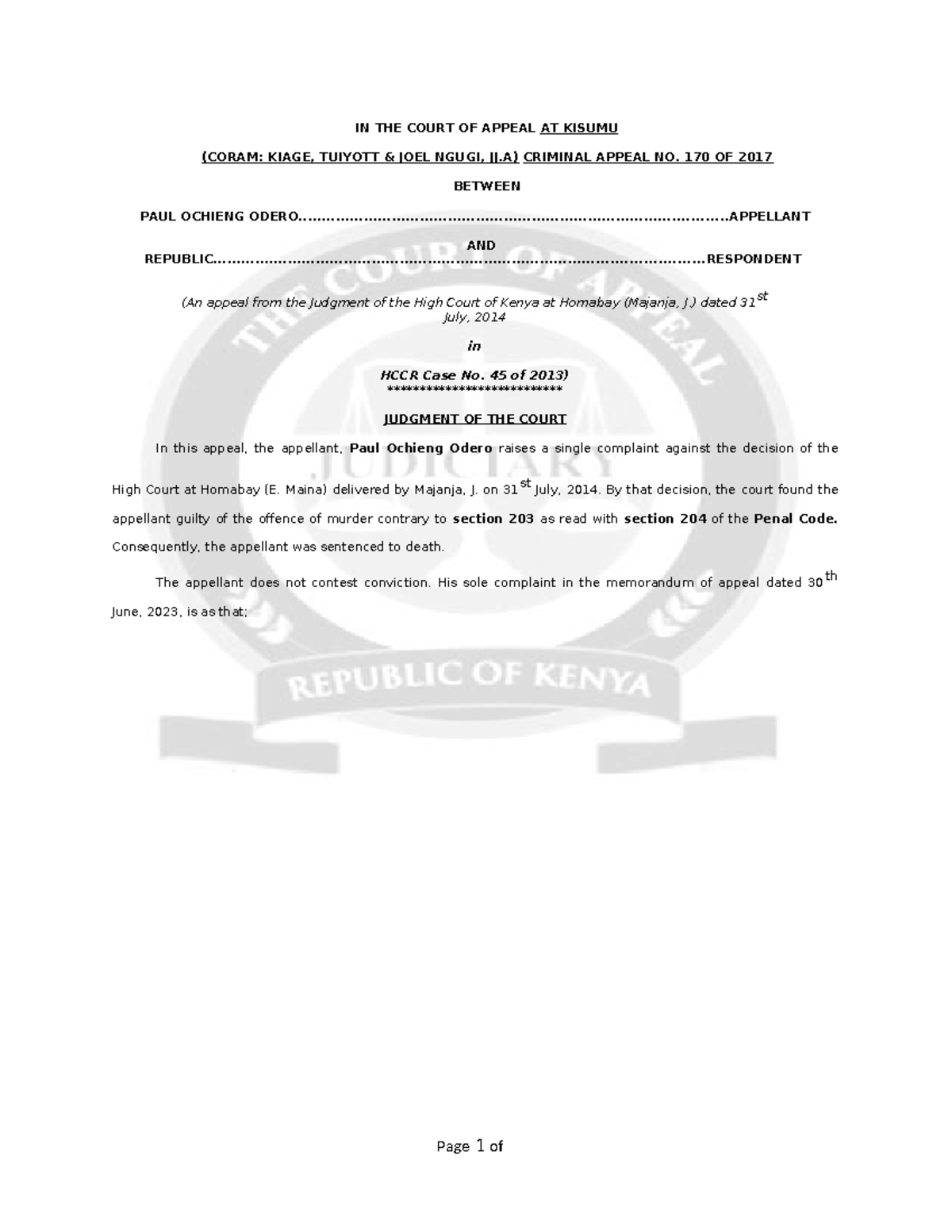 Odero v Republic (Criminal Appeal 170 of 2017 ) [2023] KECA 1256 (KLR