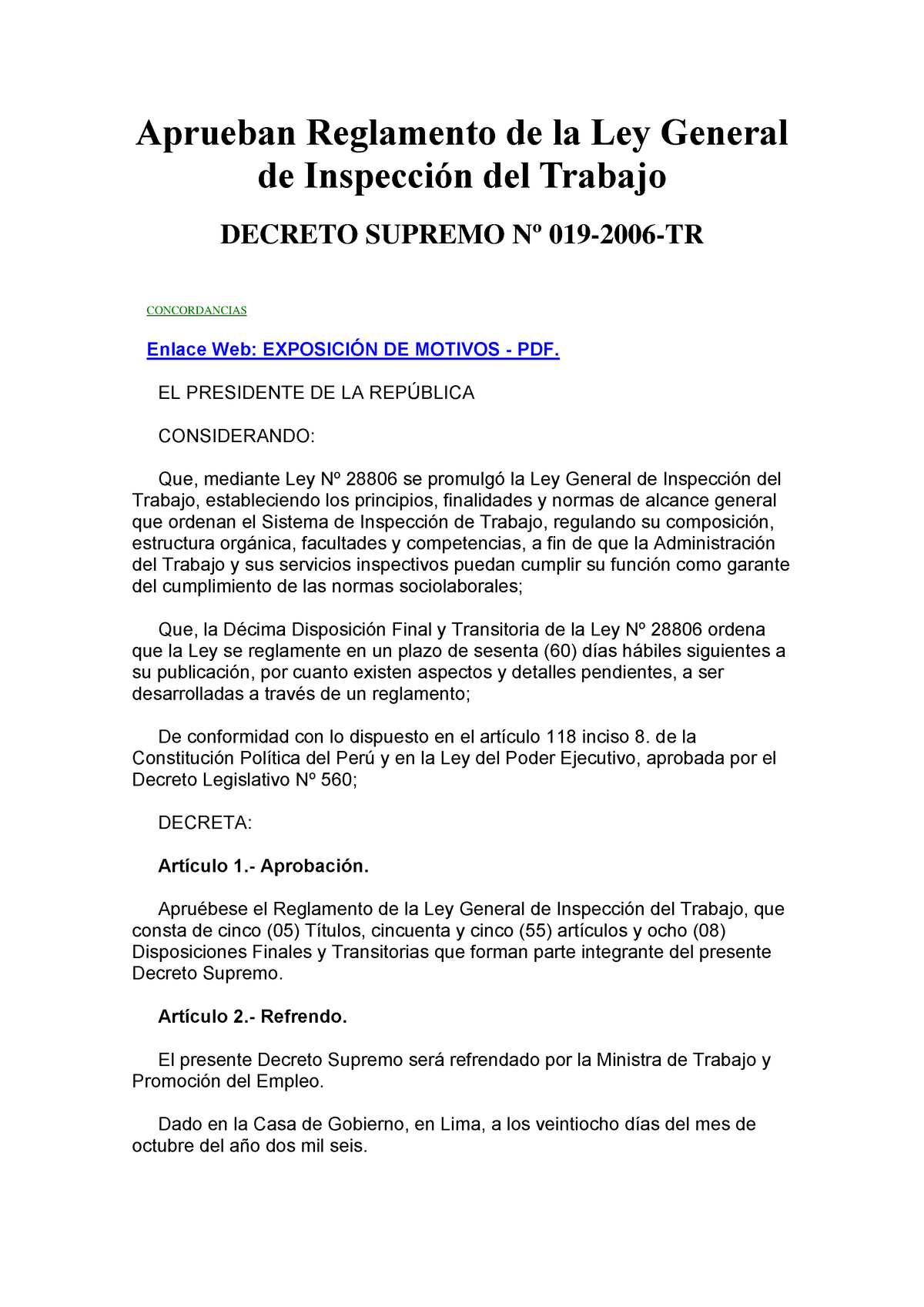 D.S. 019-2006-TR - Reglamento LGIT - Aprueban Reglamento De La Ley ...