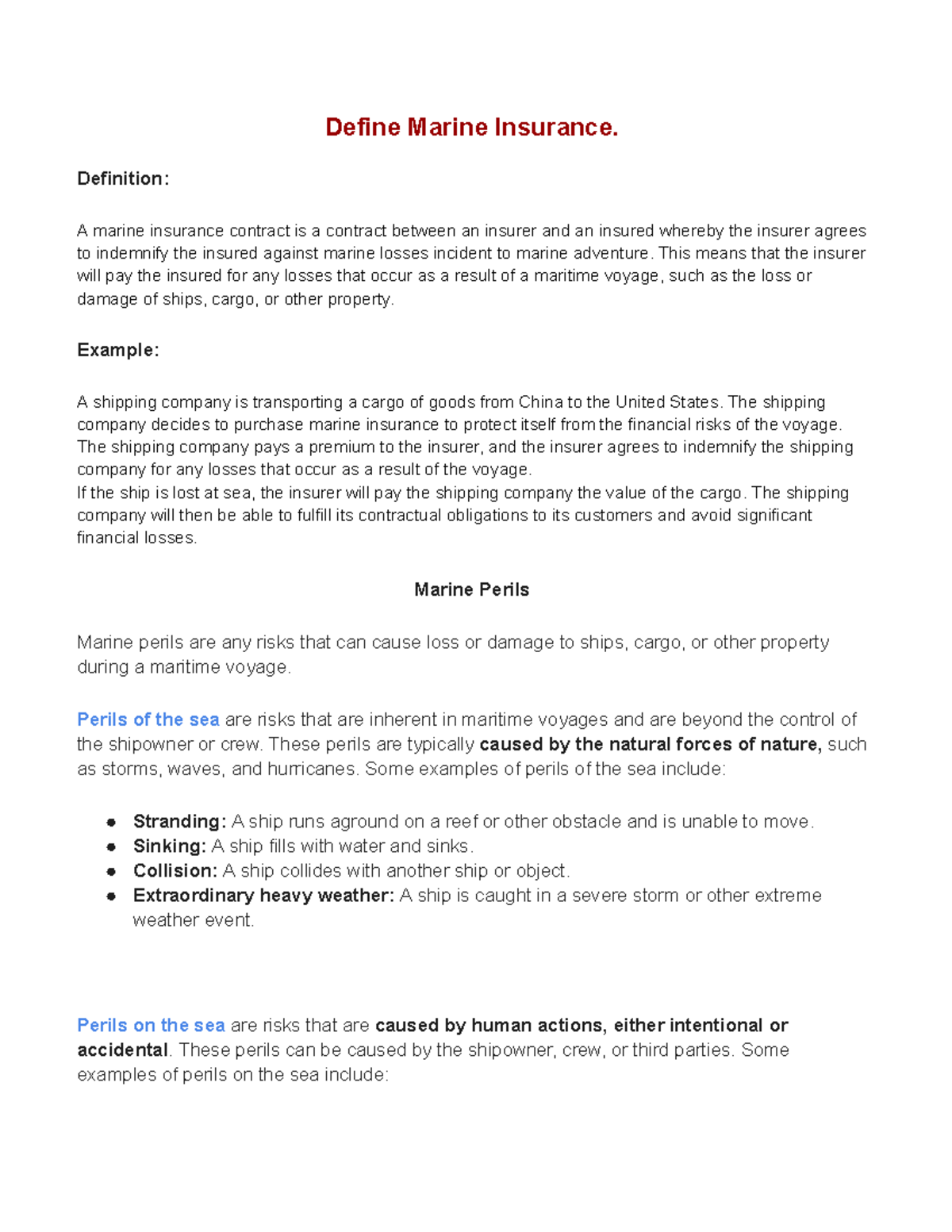 Ch08 Marine Insurance Define Marine Insurance. Definition A marine