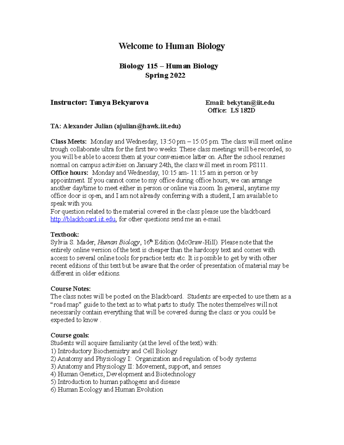 BIOL 115 syllabus S2022 02 - Welcome to Human Biology Biology 115 ...