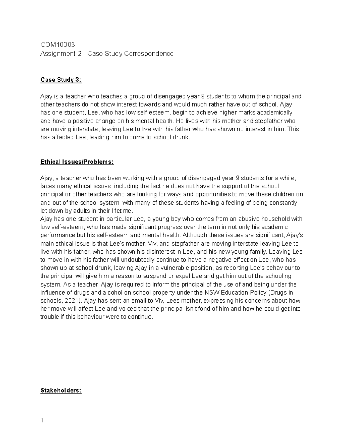 A2 - CASE Study Correspondence COM10003 - COM Assignment 2 - Case Study ...