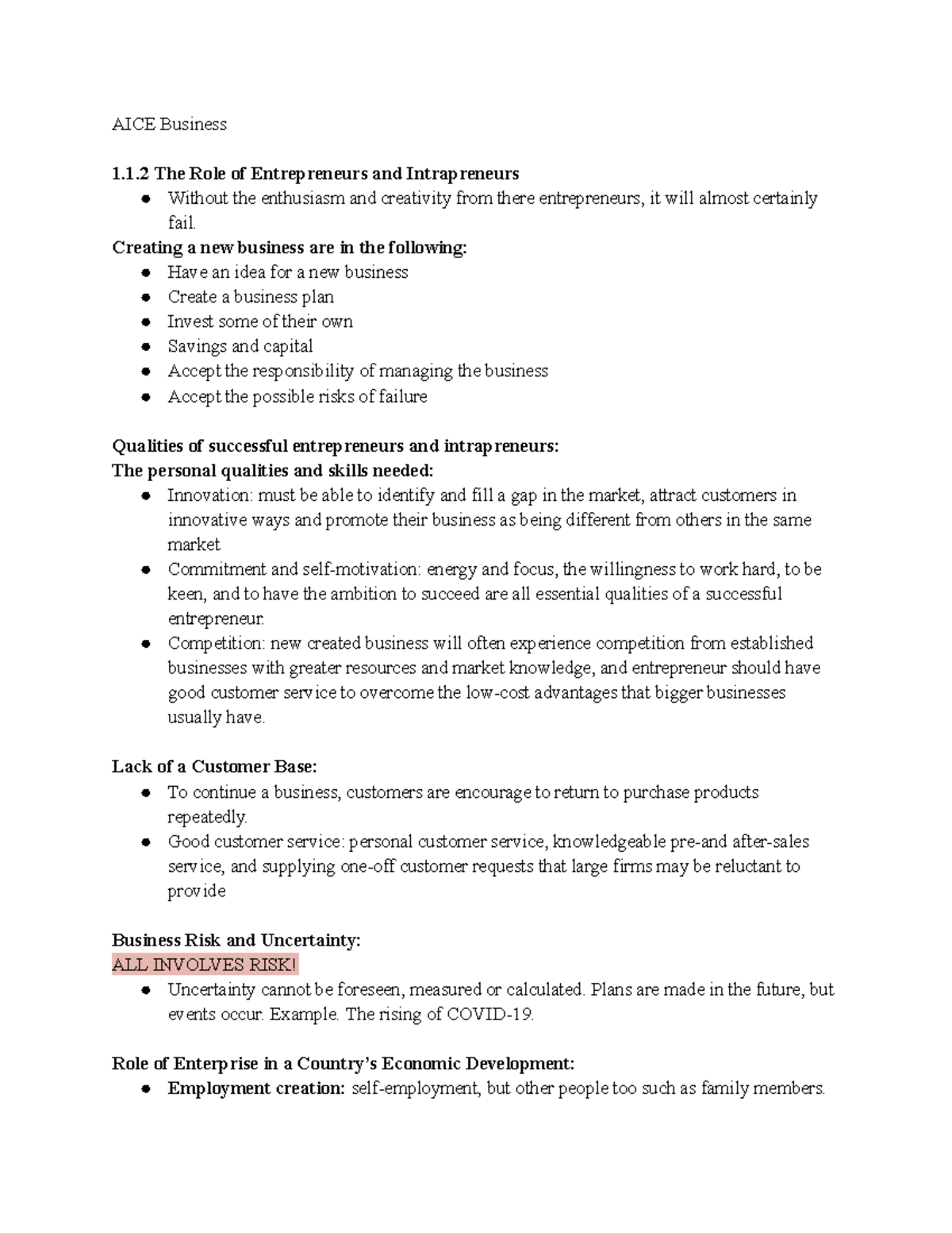 Chapter One - Enteprise - AICE Business 1.1 The Role of Entrepreneurs