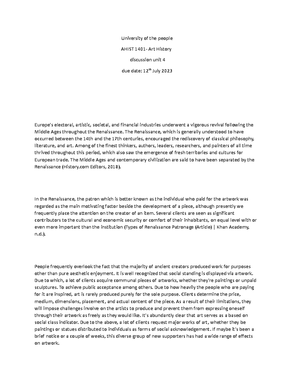 Ahist 1401 discussion unit 4 - University of the people AHIST 1401- Art ...