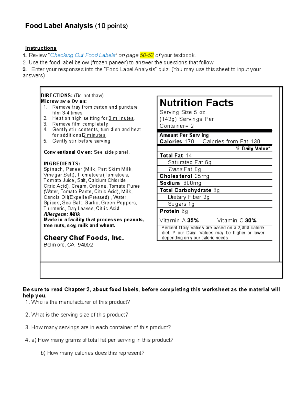 Food Label Analysis 2023 Food Label Analysis 10 Points Instructions 1 Review “checking Out 0632