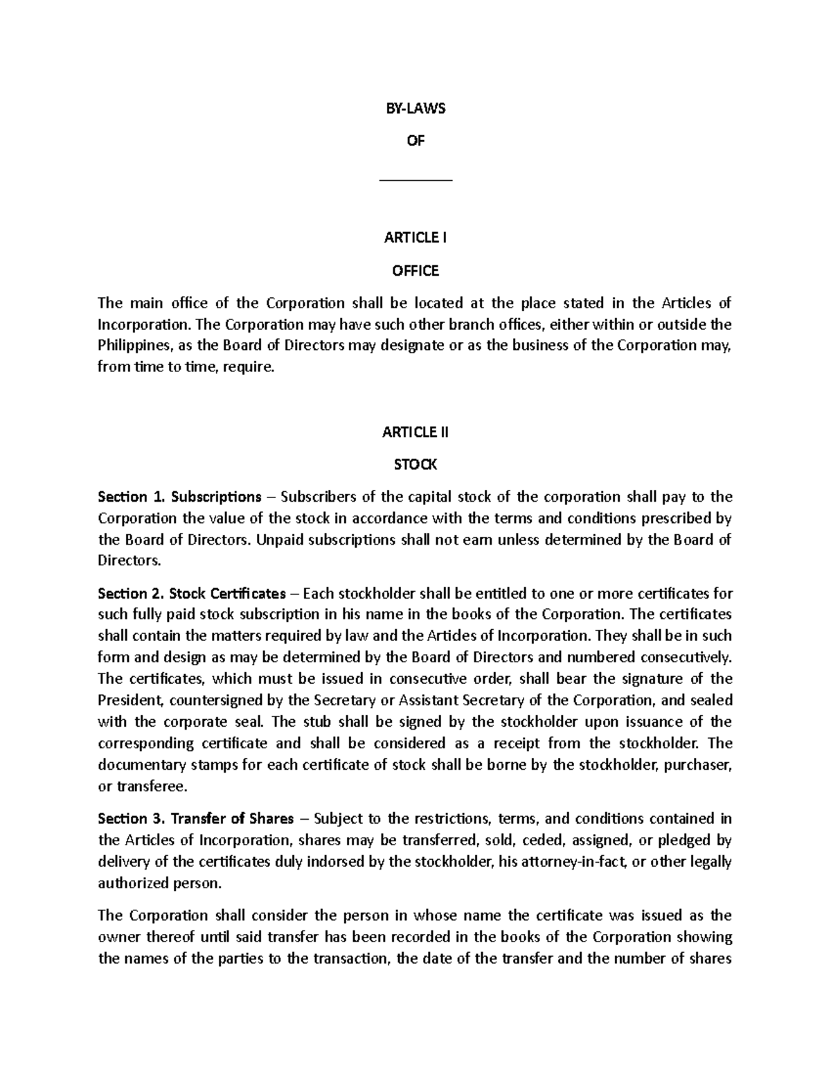 Bylaws 111 - BY-LAWS OF _________ ARTICLE I OFFICE The main office of ...