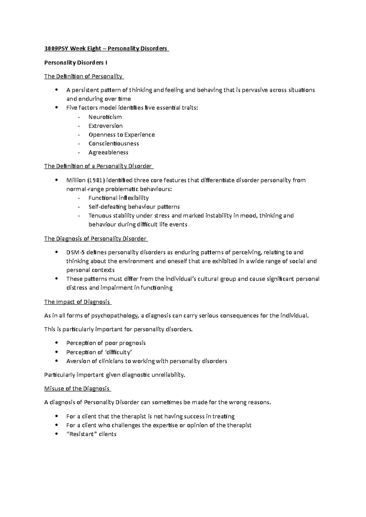 3009PSY Week Eight - Lecture notes - 3009PSY Week Eight – Personality ...