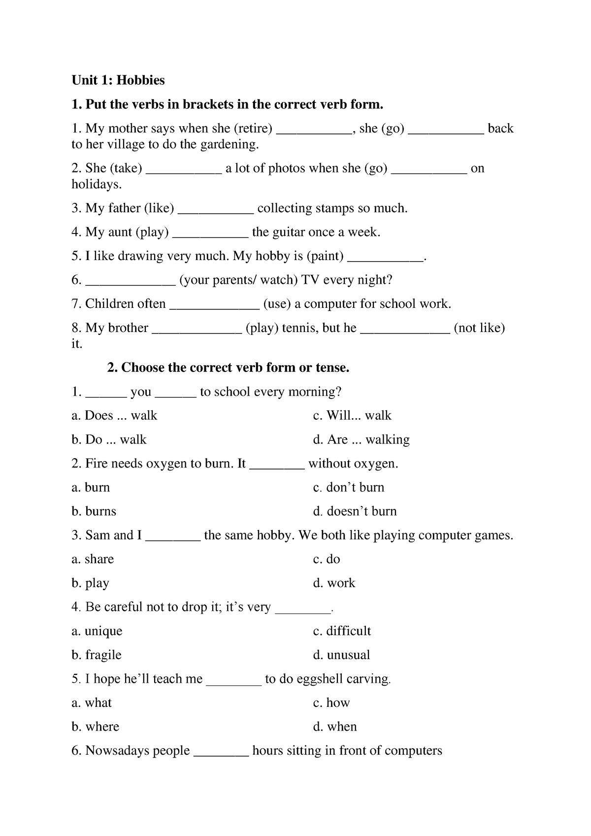 BT U1 Hobbies - global success - Unit 1: Hobbies Put the verbs in ...