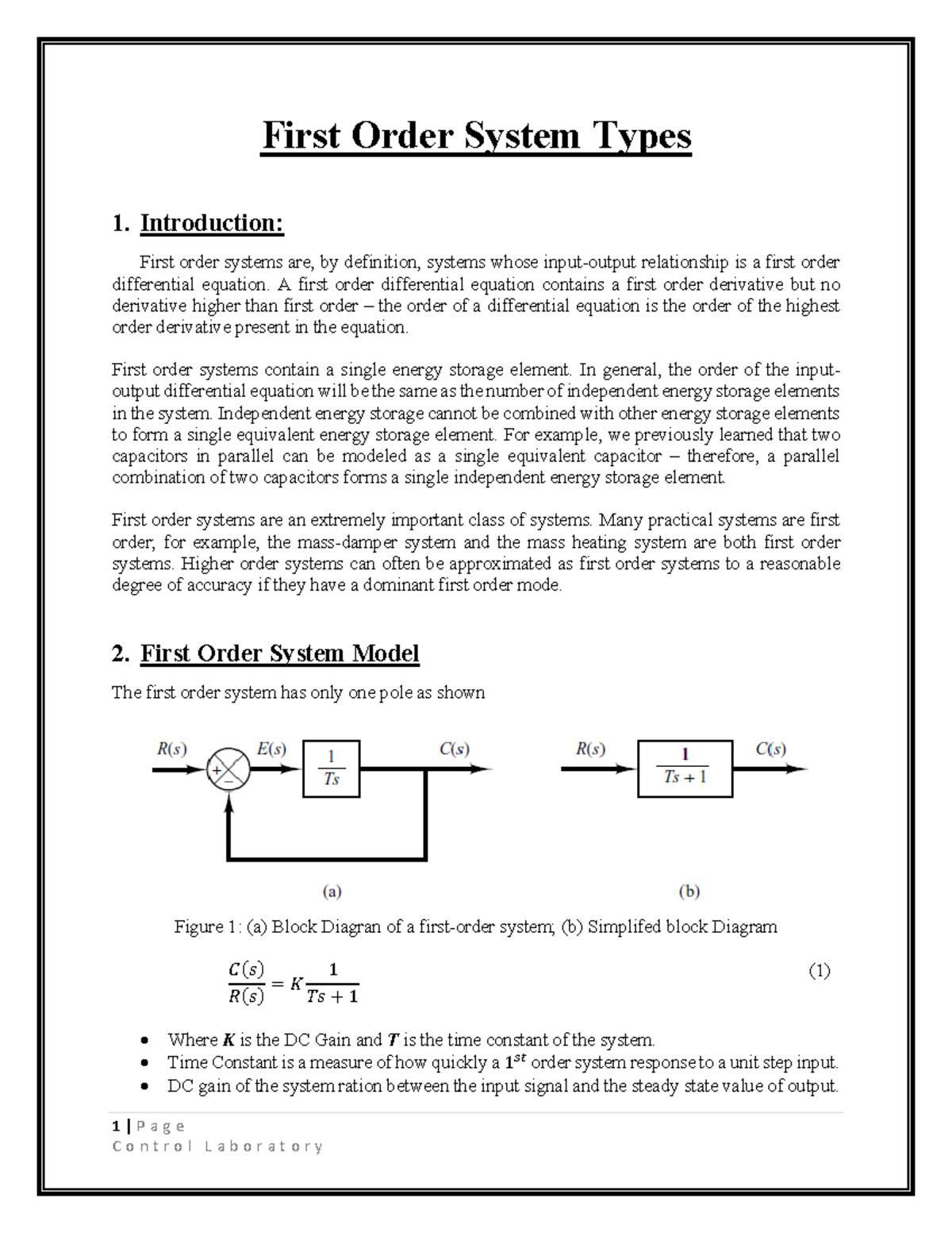 First Order System 4 Notes 1 P A G E First Order System Types 1