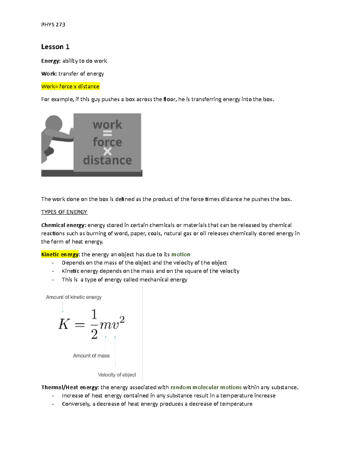 LESSON 1-Introduction to Energy- PHYS 273 - Lesson 1 Energy : ability ...