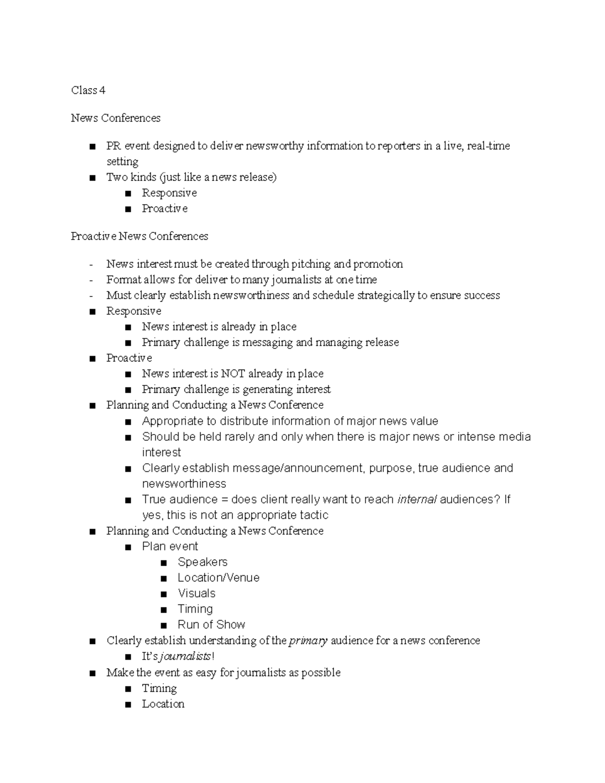 PR ADV Class 4 - LECTURE NOTES - Class 4 News Conferences PR event ...