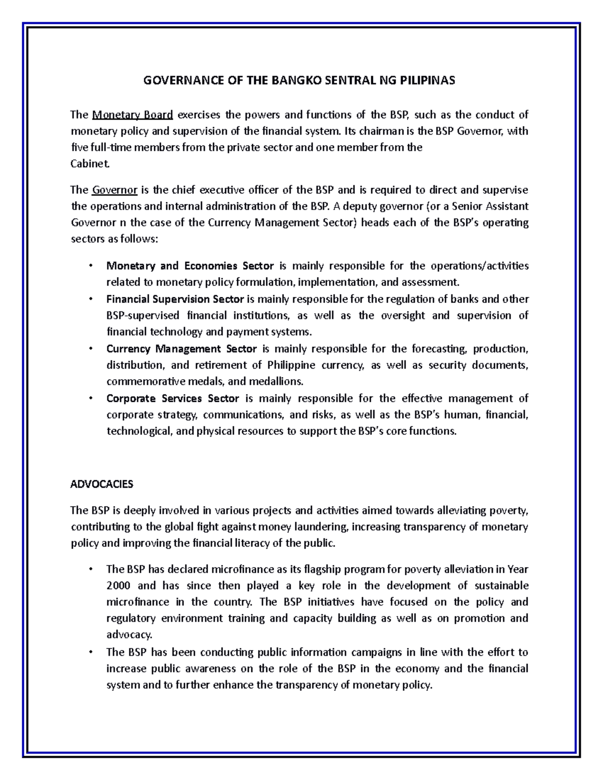 Governance OF THE Bangko Sentral NG Pilipinas - GOVERNANCE OF THE ...