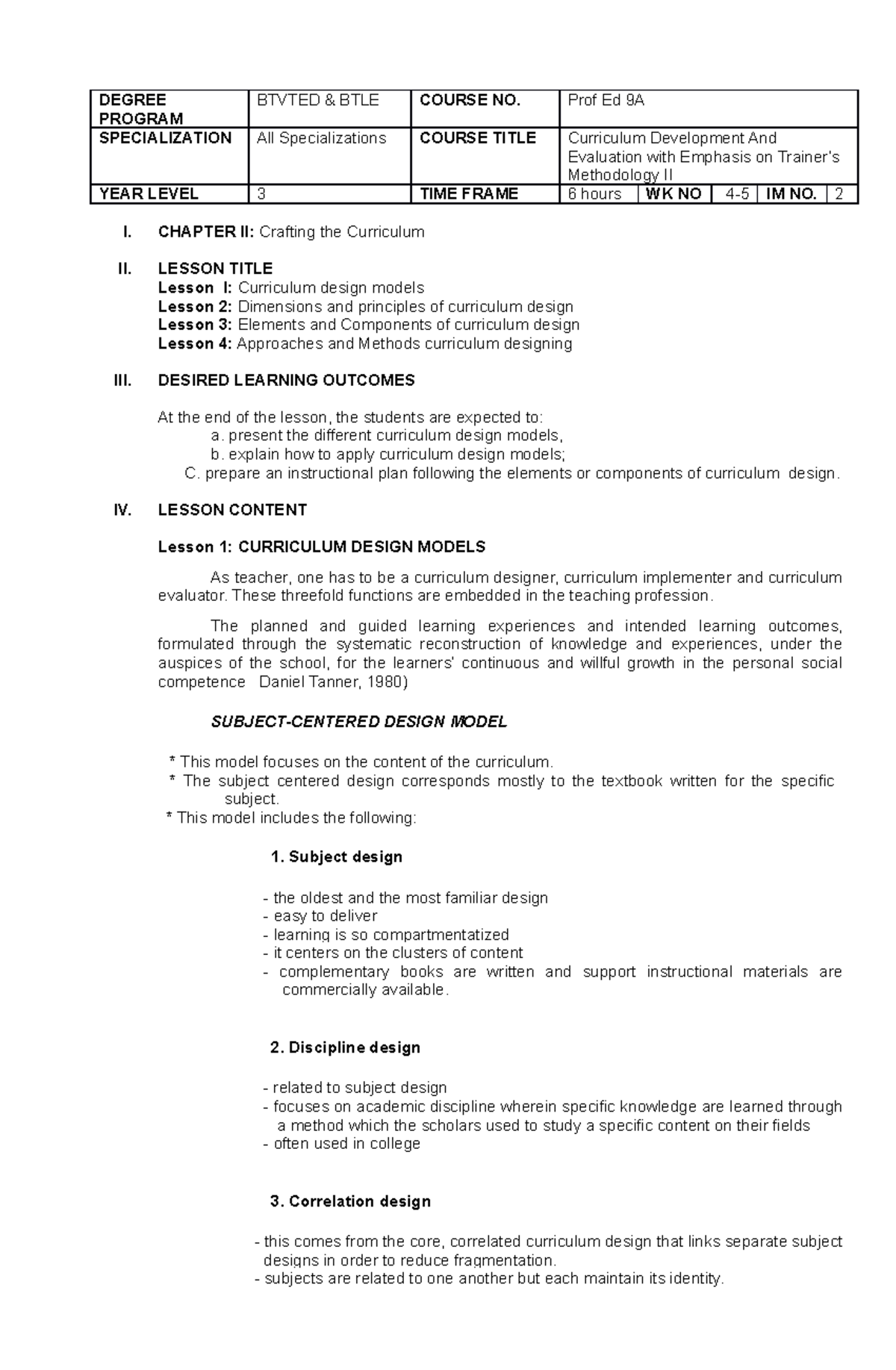 Prof Ed 9a Im No.2 Lesson 4 - Degree Program Btvted & Btle Course No 