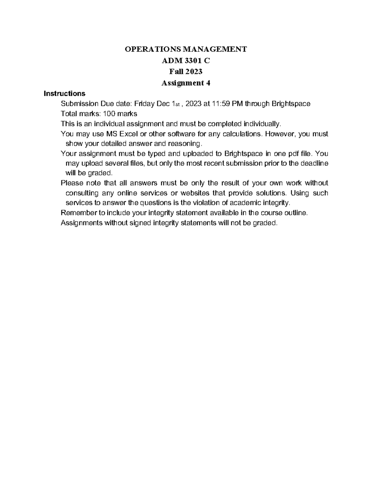 ADM 3301 - C - Assignment 4 - OPERATIONS MANAGEMENT ADM 3301 C Fall ...