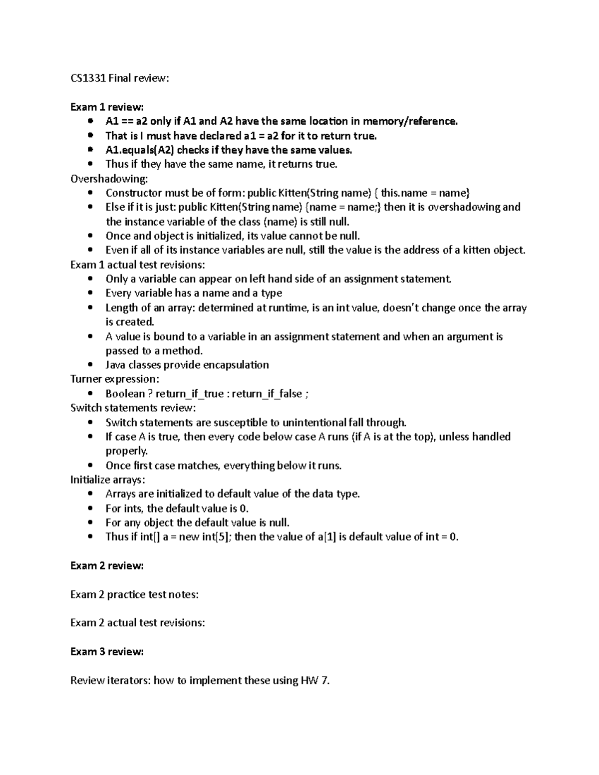 CS1331 Final Review - CS1331 Final Review: Exam 1 Review: A1 == A2 Only ...