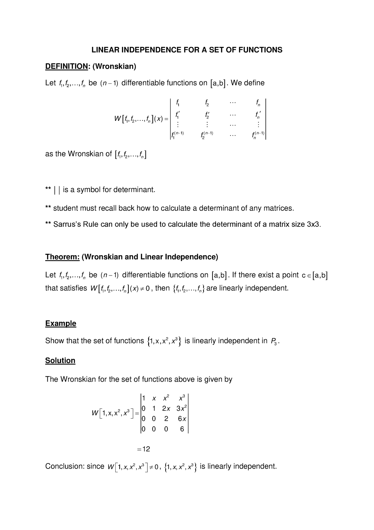 Wronskian, Basis n Dimension - ####### LINEAR INDEPENDENCE FOR A SET OF ...