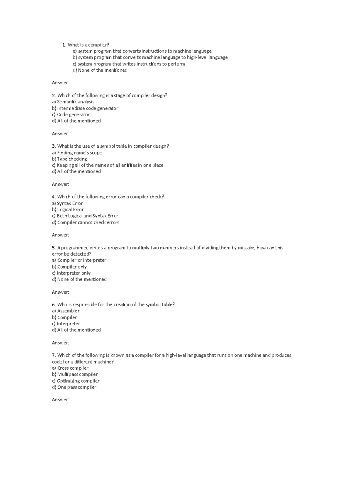 CD Assignment - Mcqs related to CD - What is a compiler? a) system ...