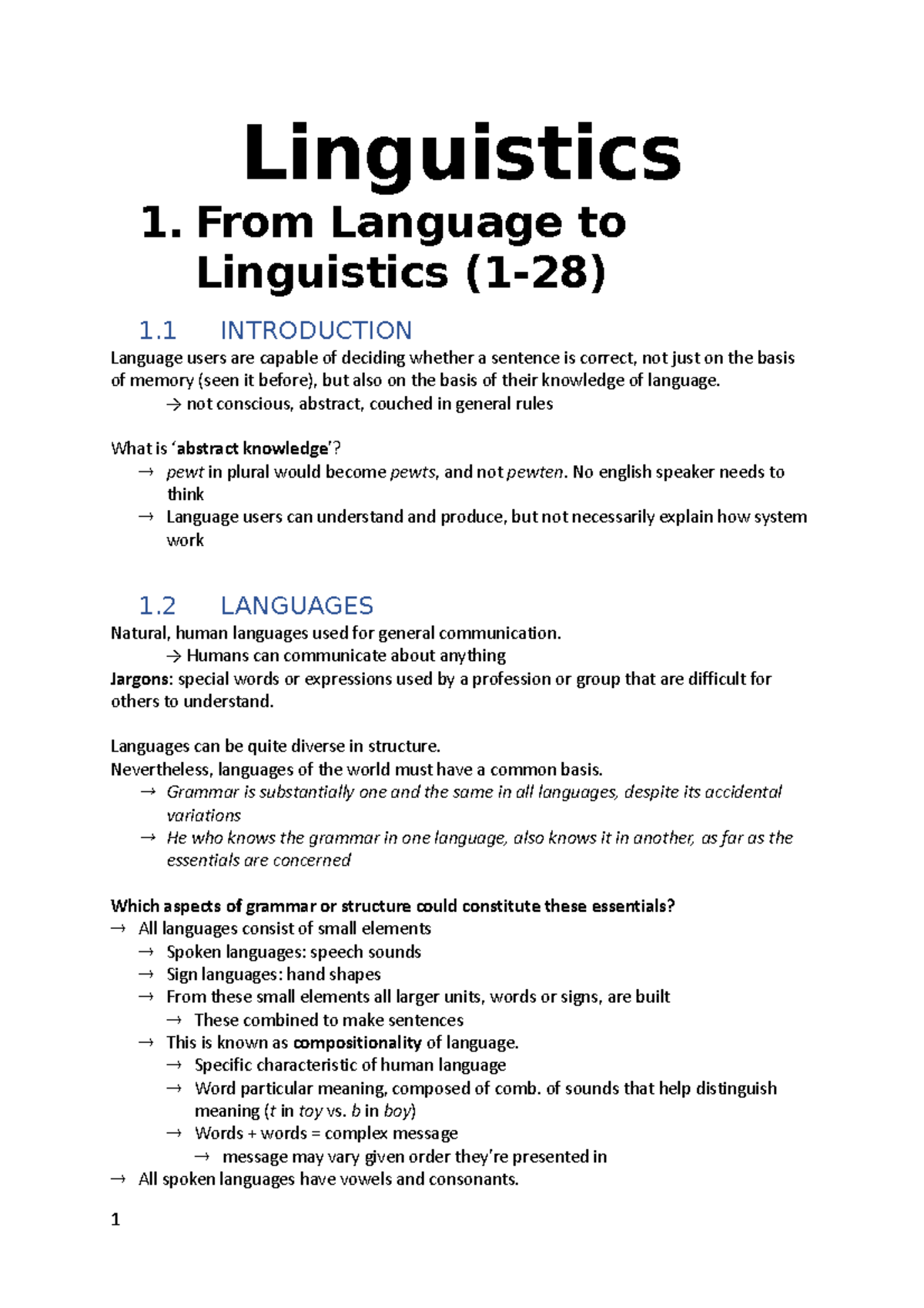 Linguistics Summary ch 1-8 - Linguistics 1. From Language to ...